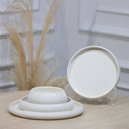 طقم صحون بورسلان/24 ابيض محزز وجه ابيض JE8190 ++