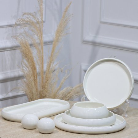 طقم صحون بورسلان /27 ابيض محزز وجه ابيض JE8244 ++