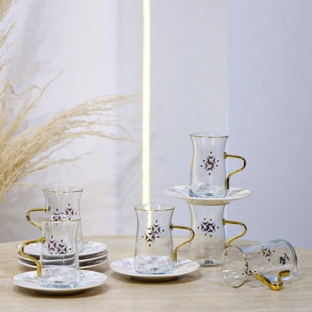 طقم كاسة شاي 6/6 زجاج سادة مرسم يد وحز ذهبي متكة بورسلان 4907-6M-1934-2G ++ع.ج