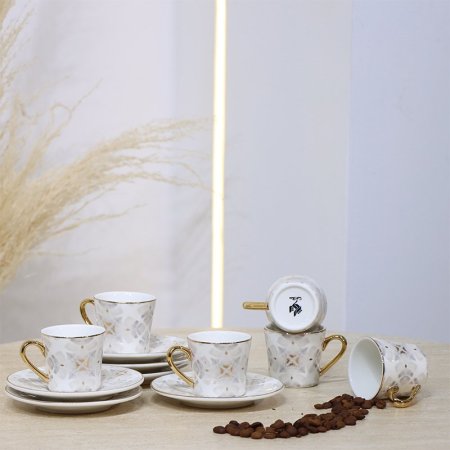 طقم فناجين قهوة 6/6 بورسلان بيج مرسم رمادي 5053-6S-1934-2G ++ع.ج