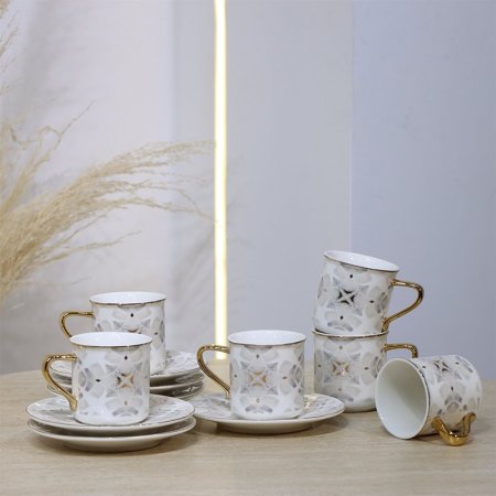 طقم فناجين شاي مدور 6/6 بورسلان بيج مرسم رمادي 5051-6L-1934-2G ++ع.ج