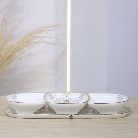 طقم مكسرات/4 صينية + 3صحون بورسلان بيج مرسم رمادي 5158-2G-1934-S4 ++ع.ج