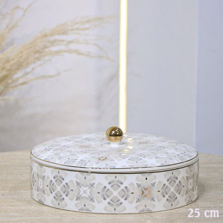 مضيفة مدور 25سم بورسلان بيج مرسم رمادي بغطا 4503-L-1934-2G ++ع.ج