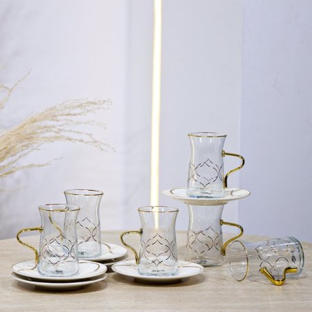 طقم كاسة شاي 6/6 زجاج سادة مرسم يد ذهبي متكة بورسلان 4907-6M-1954-1G ++ع.ج