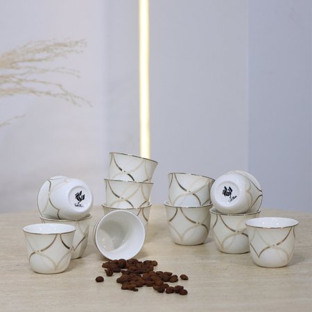 طقم فناجين قهوة سادة/12 بورسلان بيج مخطط بني 4925-12-1954-1G ++ع.ج