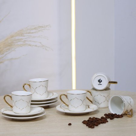 طقم فناجين قهوة 6/6 بورسلان بيج مخطط بني 5053-6S-1954-1G ++ع.ج