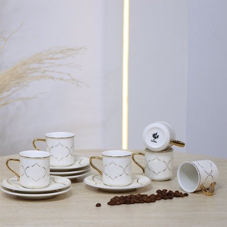 طقم فناجين قهوة مدور 6/6 بورسلان بيج مخطط بني 5051-6S-1954-1G ++ع.ج