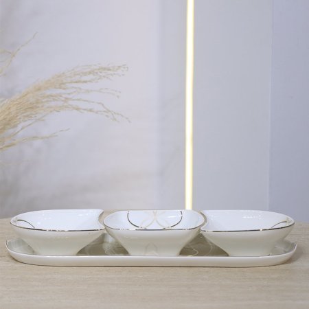 طقم مكسرات /4 صينية + 3صحون بورسلان بيج مخطط بني 5158-1G-1954-S4 ++ع.ج