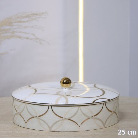 مضيفة مدور 25سم بورسلان بيج مخطط بني بغطا 4503-1G-1954-L ++ع.ج