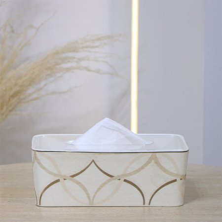 بكيت محارم مستطيل بورسلان بيج مخطط بني غطا خشب 5159-1G-1954 ++ع.ج