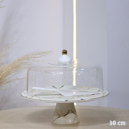 جاط كيك مدور برجل 30سم بغطا اكرلك بورسلان بيج مخطط بني مع مجراد 4697-1G-1954-12.25 ++ع.ج