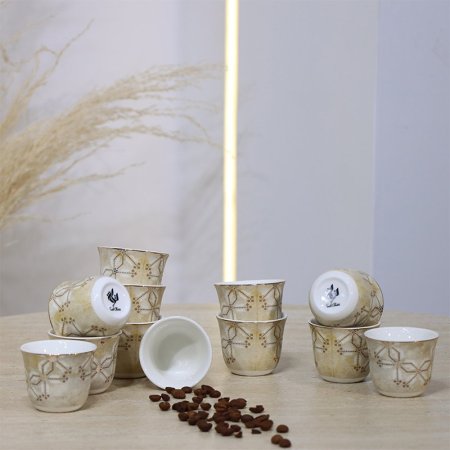 طقم فناجين قهوة سادة/12 بورسلان كريمي مزخرف 4925-12-1953-1G ++ع.ج