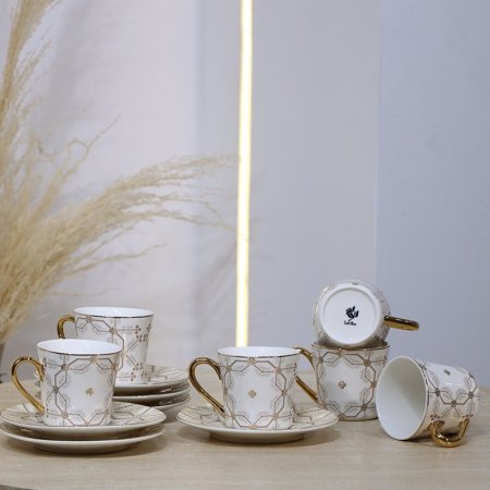 طقم فناجين شاي6/6 بورسلان ابيض وكريمي مزخرف 5053-6L-1953-1G ++ع.ج