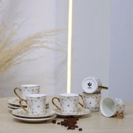 طقم فناجين قهوة 6/6 بورسلان ابيض وكريمي مزخرف 5053-6S-1953-1G ++ع.ج
