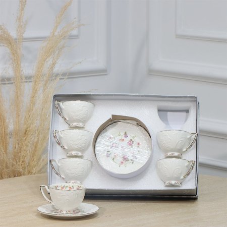 طقم فناجين قهوة 6/6 بورسلان ابيض مزخرف واطار وقاعدة مرسم وردة EL190/6 =ت.ش1