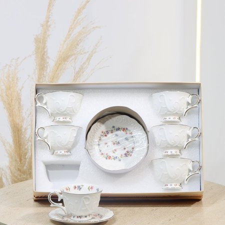 طقم فناجين قهوة 6/6 بورسلان ابيض مكتب واطار داخلي مرسم وردة EL190/8 =ت.ش1