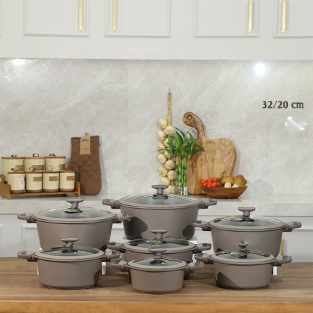 طقم طناجر/7 MANILLA جرانيت مدور 20/32سم كابتشينو ماط يد جلد ++3