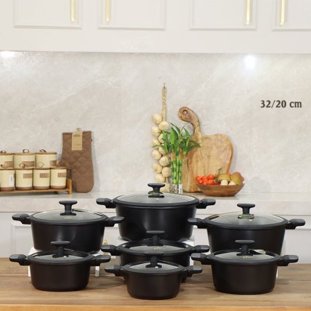 طقم طناجر/7 MANILLA جرانيت مدور 20/32سم اسود ماط يد جلد ++3