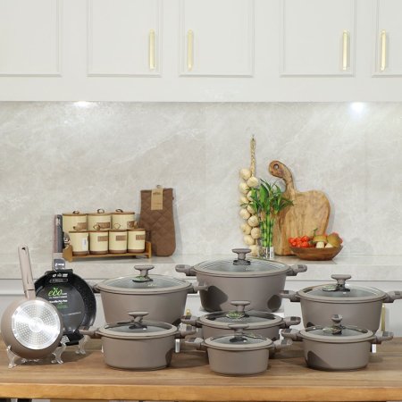 طقم طناجر/9 MANILLA جرانيت مدور 7 طناجر + 2 مقالي كابتشينو ماط يد جلد ++3