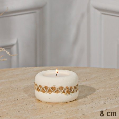 شمعة توزيعات جبص ابيض 8سم مدور اطار شرابيش بيج شمع بيج EL161/24 =ت.ش1