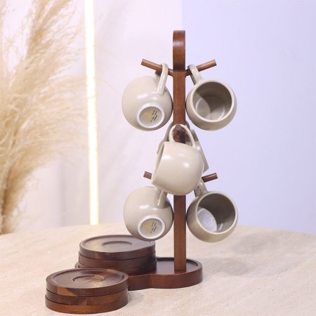 طقم فناجين قهوة بورسلان بيج ماط 6/6 مع ستاند خشب بني غامق YM25043  ++ع1