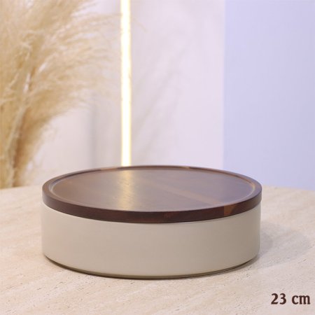 مضيفة بورسلان مدور بيج ماط 23سم غطاء خشب بني غامق YM1013 ++ع1