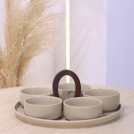 طقم مضيفة صينية يد خشب +5 صحون مكسرات بورسلان بيج ماط YM14580 ++ع1