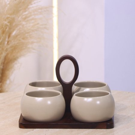 طقم حمالة خشب بيد بني غامق +4 صحون بورسلان بيج ماط YM2335S-4 ++ع1