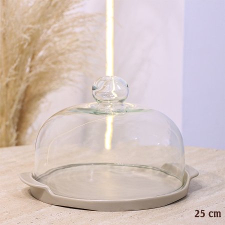 جاط كيك بورسلان بيج ماط 25CM غطاء زجاج YM23340 ++ع1