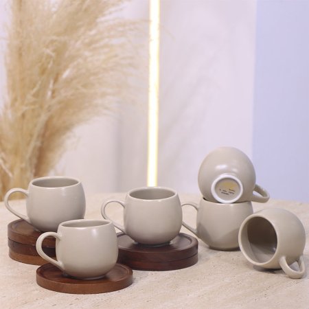 طقم فنجان قهوة 6/6 بورسلان بيج ماط صحن خشب بني غامق YM2561 ++ع1