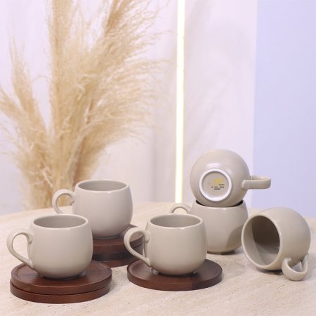 طقم فنجان 6/6 شاي بورسلان بيج ماط صحن خشب بني غامق YM2561L ++ع1