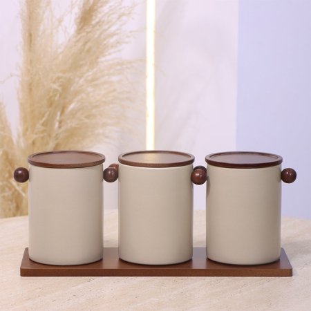 طقم بهارات /3بورسلان بيج ماط مع صينية و يدين خشب بني غامق YM257118 ++ع1