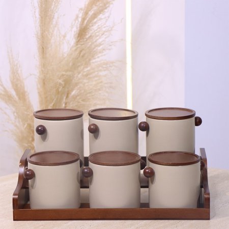 طقم بهارات /6 بورسلان بيج مط مع قاعدة ويدين خشب YM257119 ++ع1