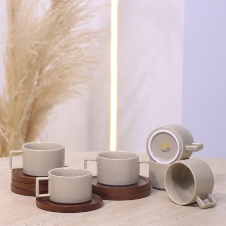 طقم فنجان قهوة 6/6 بورسلان بيج ماط صحن خشب بني غامق YM25701 ++ع1