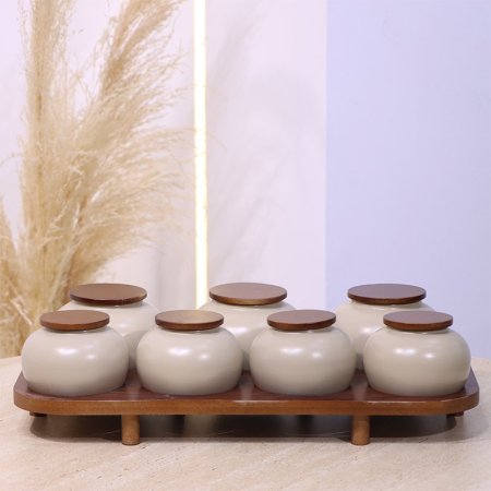 طقم بهارات /7 بورسلان قعده و غطاء خشبي بني غامق YM231004 ++ع1