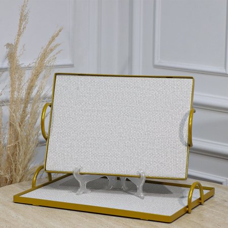 طقم صواني /2 مستطيل اطار تنك ذهبي وجه قماش ابيض وسكني بيدين مقبض EL113/8 =رم6