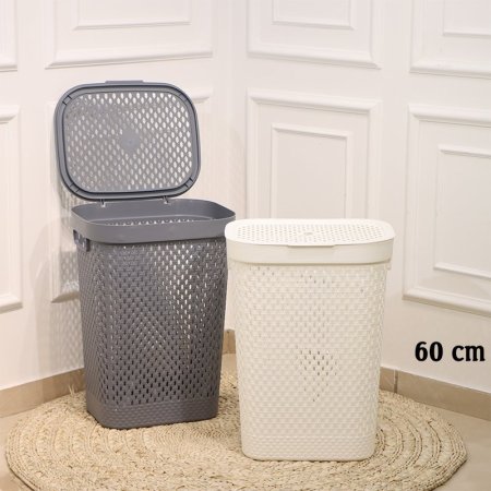 سلة غسيل بلاستك 60سم مستطيل ملون مخرم بغطا EL167/7 =ت.ش3