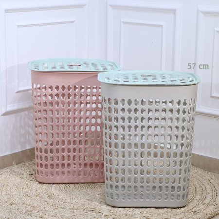 سلة غسيل بلاستك 57سم مستطيل مخرم بغطا ملون  EL167/9 =ت.ش3