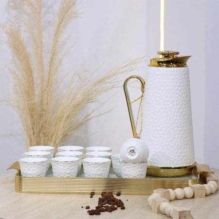طقم/14 تيرموس قهوة+12 فنجان سادة بورسلان ابيض +صينية ذهبي BW06-14/S-WHITE ++و