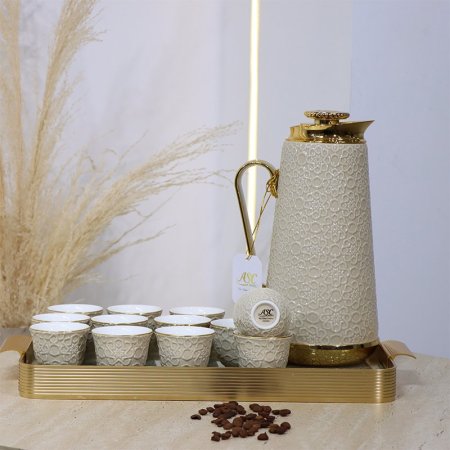 طقم/14 تيرموس قهوة+12 فنجان سادة بورسلان بيج+صينية ذهبي BW06-14/S-KHAKI ++و