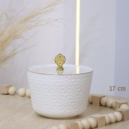 مضيفة 17سم مدور جور بورسلان ابيض مزخرف اسلامي غطا اكرلك CAN21-2-WHITE ++و