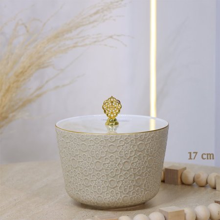 مضيفة 17سم مدور جور بورسلان بيج مزخرف اسلامي غطا اكرلك CAN21-2-KHAKI ++و