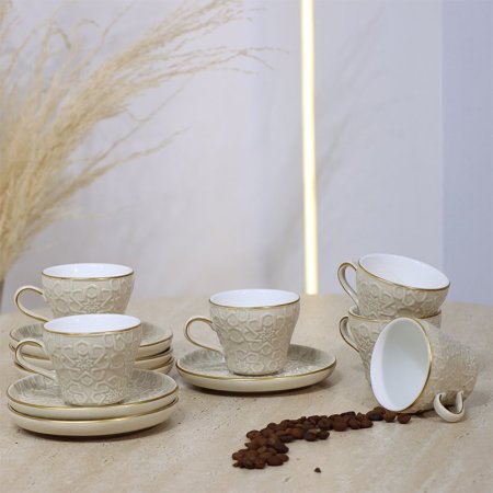 طقم فناجين قهوة 6/6 بورسلان بيج مزخرف اسلامي ST116B-KHAKI ++و