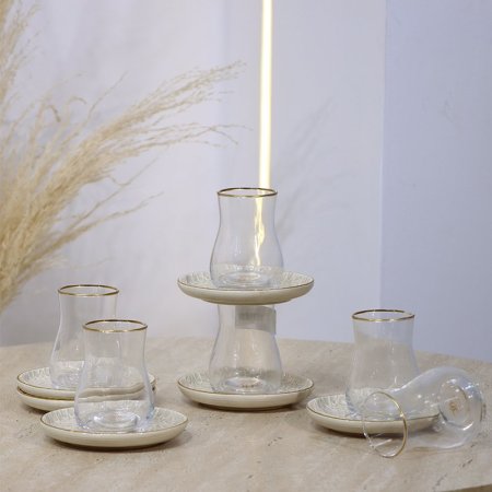 طقم كاسة شاي 6/6 زجاج سادة بعنق متكة بورسلان بيج YS02-6/S-KHAKI ++و