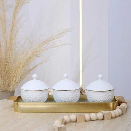 طقم/4 صينية زجاج +3 مضايف بورسلان ابيض مزخرف اسلامي HJP14-4/S-WHITE ++و