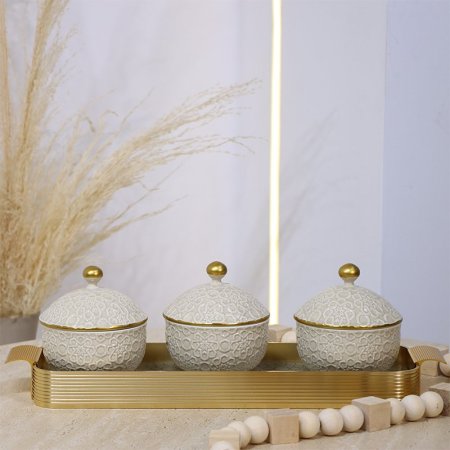 طقم/4 صينية زجاج +3 مضايف بورسلان بيج مزخرف اسلامي HJP14-4/S-KHAKI