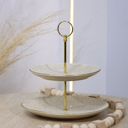 مضيفة 2طبقة مدور بورسلان بيج مزخرف اسلامي مسكة حلقة CP02/S-KHAKI ++و