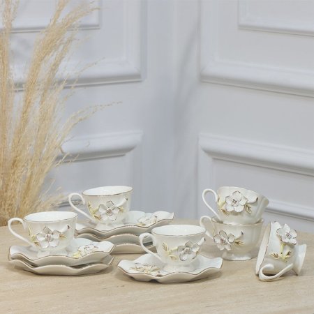 طقم فناجين قهوة 6/6 بورسلان ابيض مرسم وردة بارز EL191/1 =ت.ش1