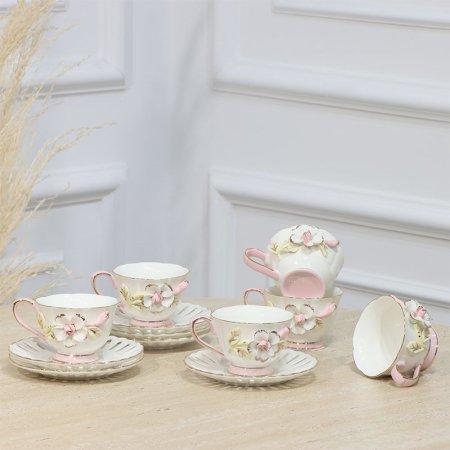 طقم فناجين قهوة 6/6 بورسلان ابيض مرسم وردة ابيض بارز يد وقاعدة زهري EL191/2 =ت.ش1