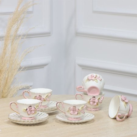 طقم فناجين قهوة 6/6 بورسلان ابيض مرسم وردة زهري بارز يد وقاعدة زهري EL191/3 =ت.ش1